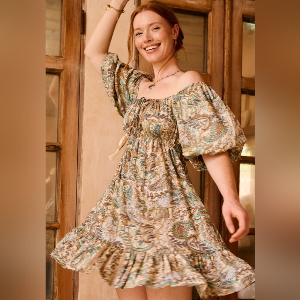 EARTHBOUND Off-Shoulder Paisley Midi Dress in Sage, Cream and Teal